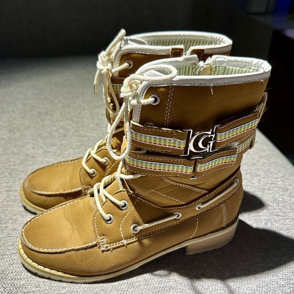 COOGI Womens Sz7 Tan Rainbow MID-CALF BOOTS LACE UP & ZIP
